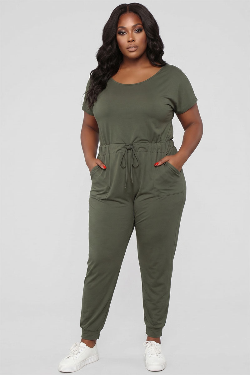 Plus Size Solid Drawstring Short Sleeve Jumpsuit