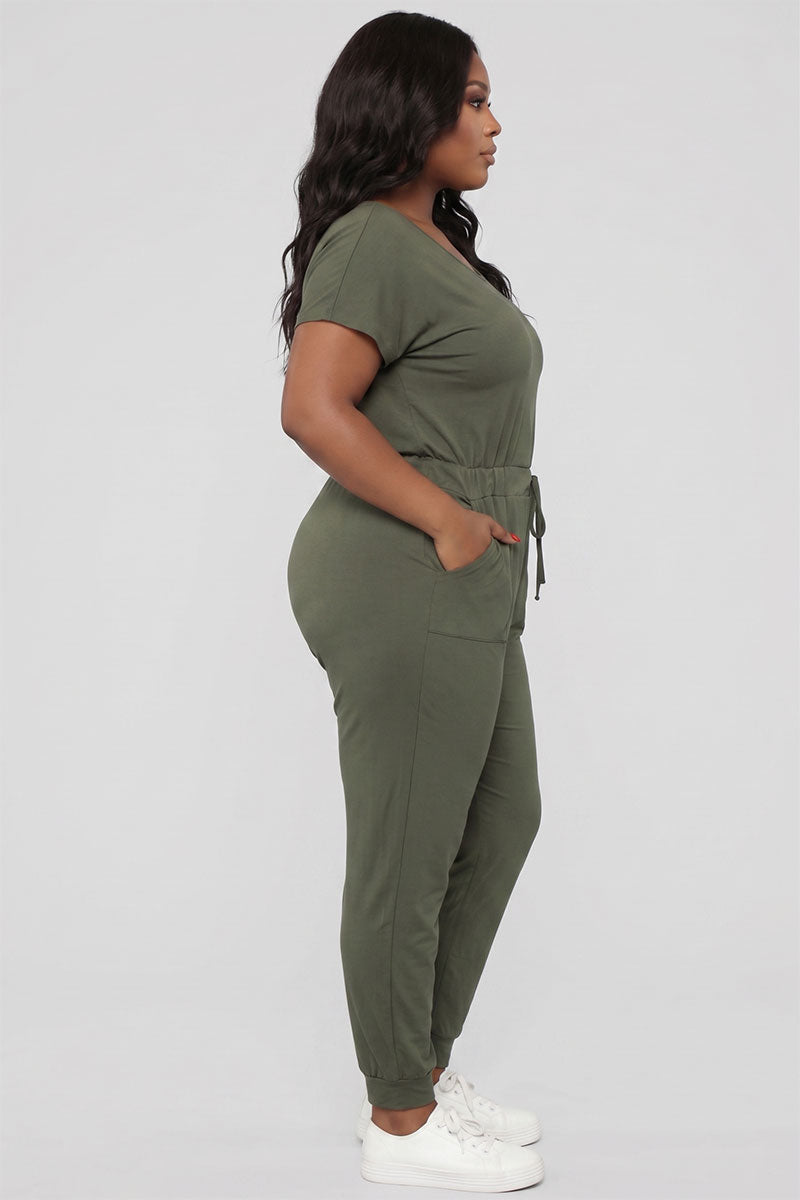 Plus Size Solid Drawstring Short Sleeve Jumpsuit