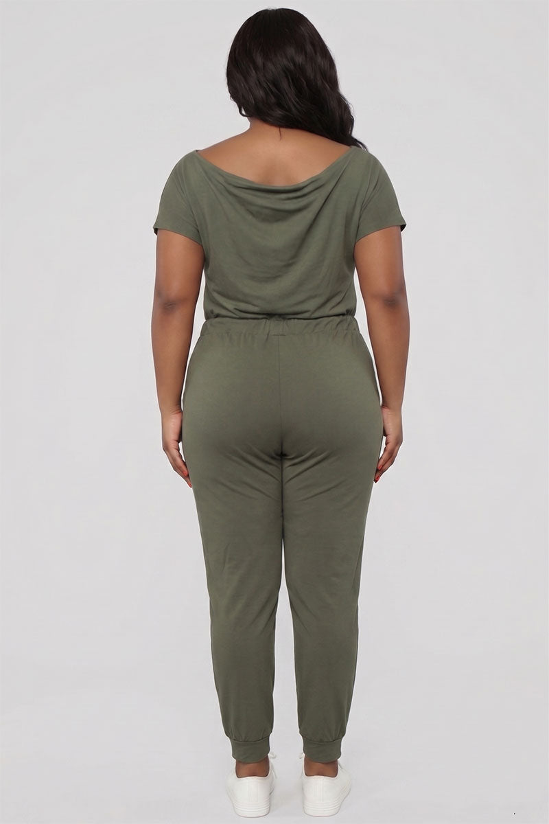Plus Size Solid Drawstring Short Sleeve Jumpsuit