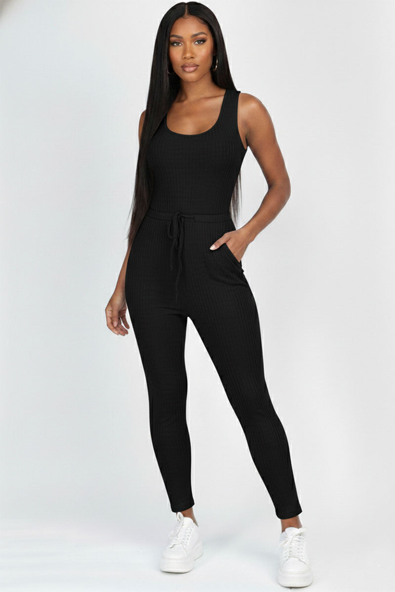 Ribbed Sleeveless Drawstring Jumpsuit