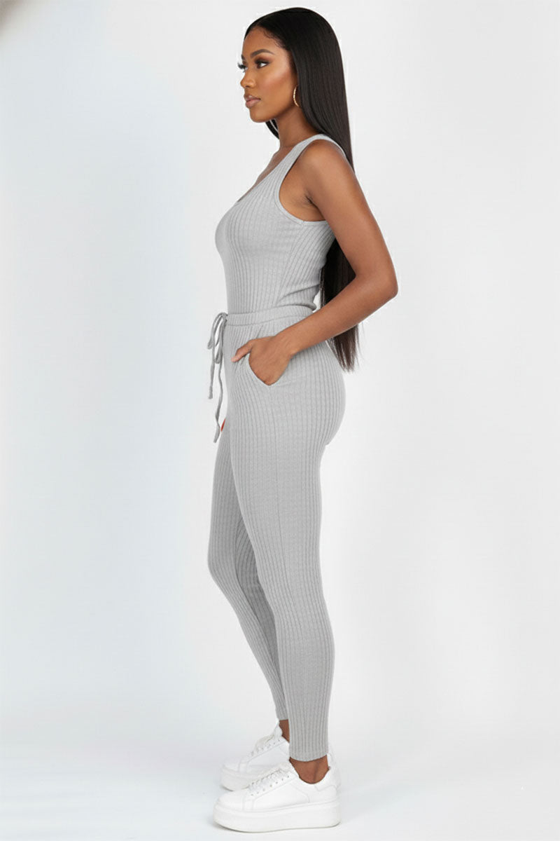 Ribbed Sleeveless Drawstring Jumpsuit