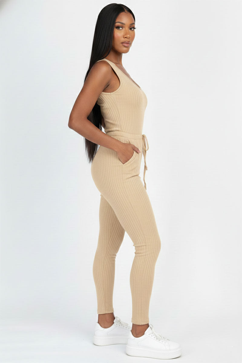 Ribbed Sleeveless Drawstring Jumpsuit