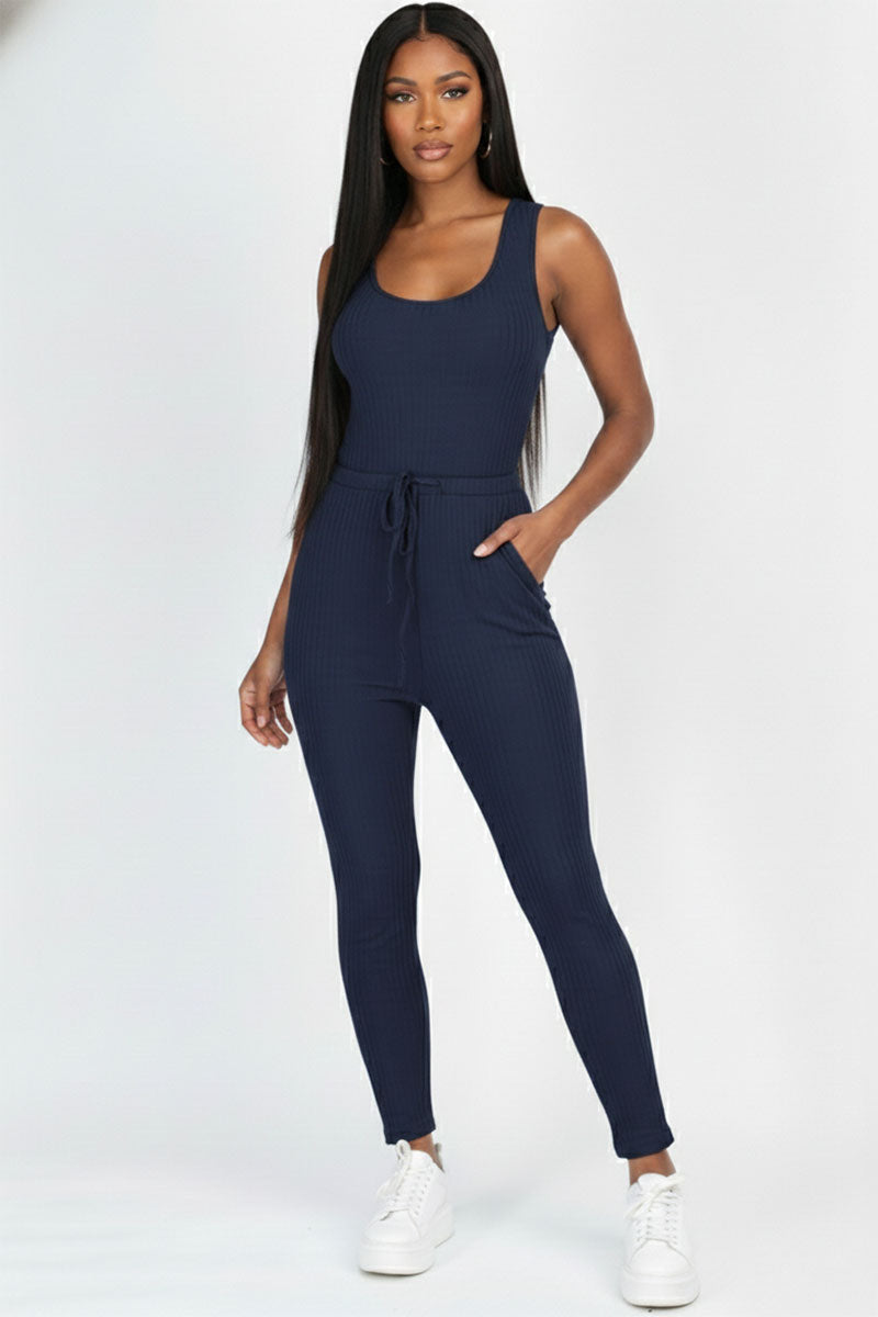 Ribbed Sleeveless Drawstring Jumpsuit