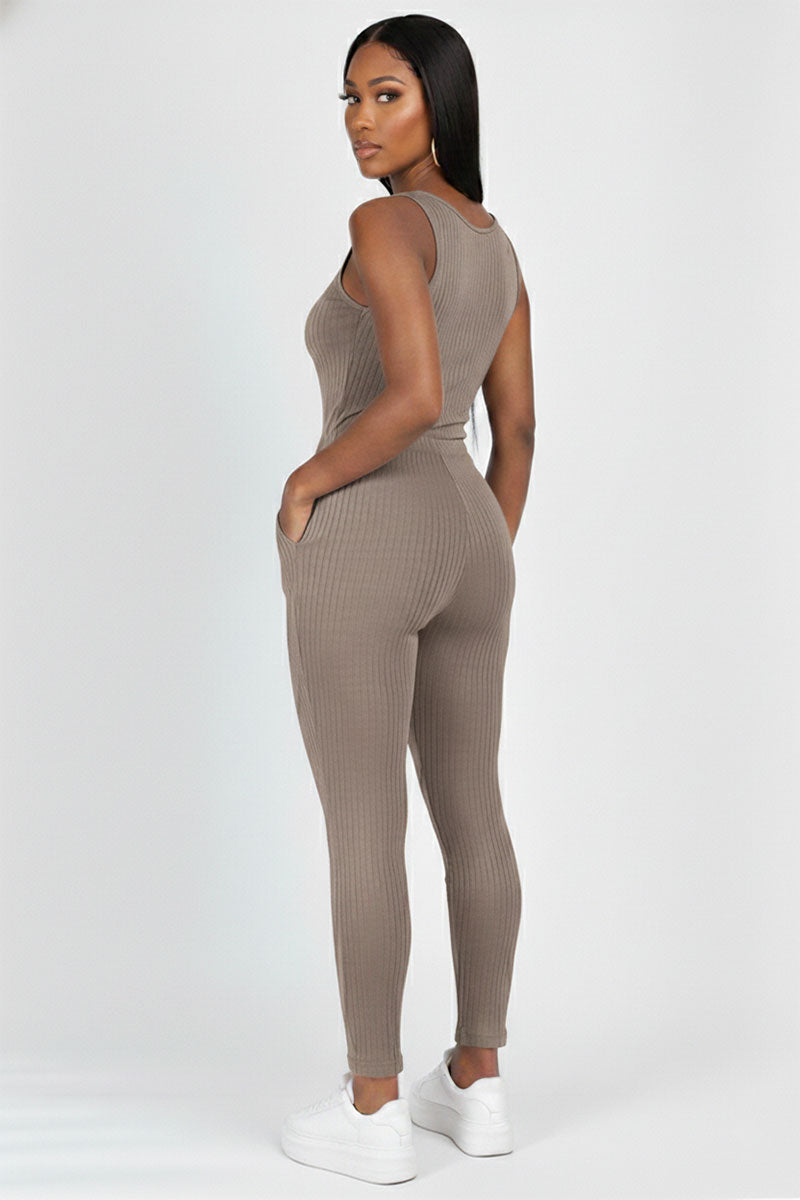Ribbed Sleeveless Drawstring Jumpsuit