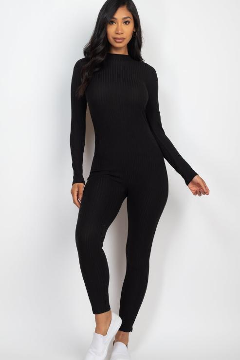 Ribbed Mock Neck Long Sleeve Casual Jumpsuit