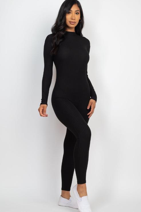 Ribbed Mock Neck Long Sleeve Casual Jumpsuit