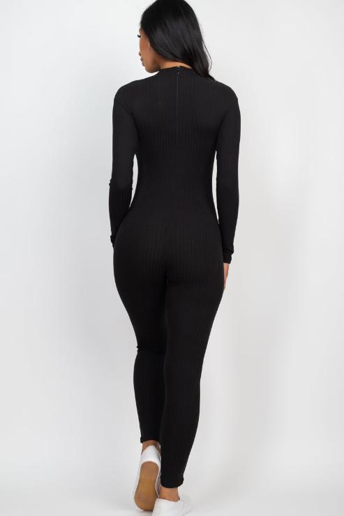 Ribbed Mock Neck Long Sleeve Casual Jumpsuit