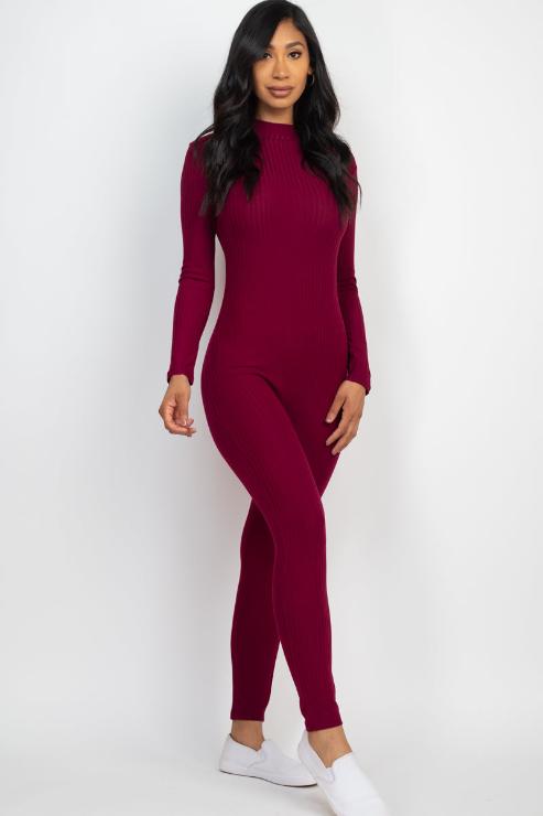 Ribbed Mock Neck Long Sleeve Casual Jumpsuit
