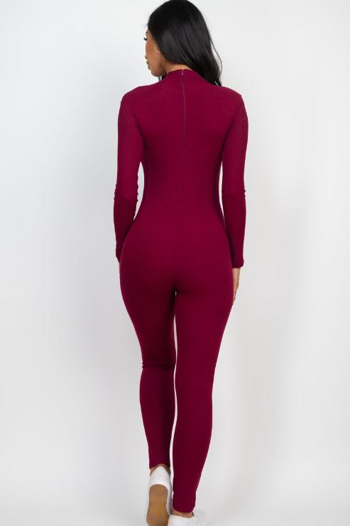 Ribbed Mock Neck Long Sleeve Casual Jumpsuit