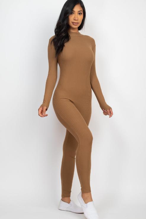 Ribbed Mock Neck Long Sleeve Casual Jumpsuit