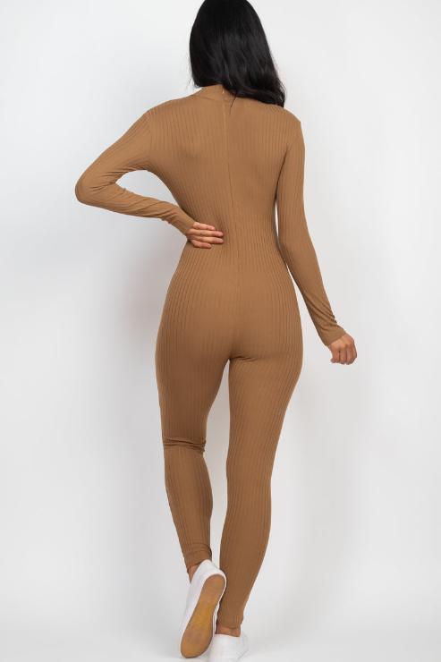 Ribbed Mock Neck Long Sleeve Casual Jumpsuit