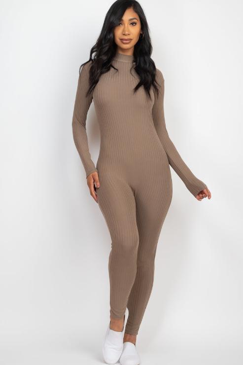 Ribbed Mock Neck Long Sleeve Casual Jumpsuit