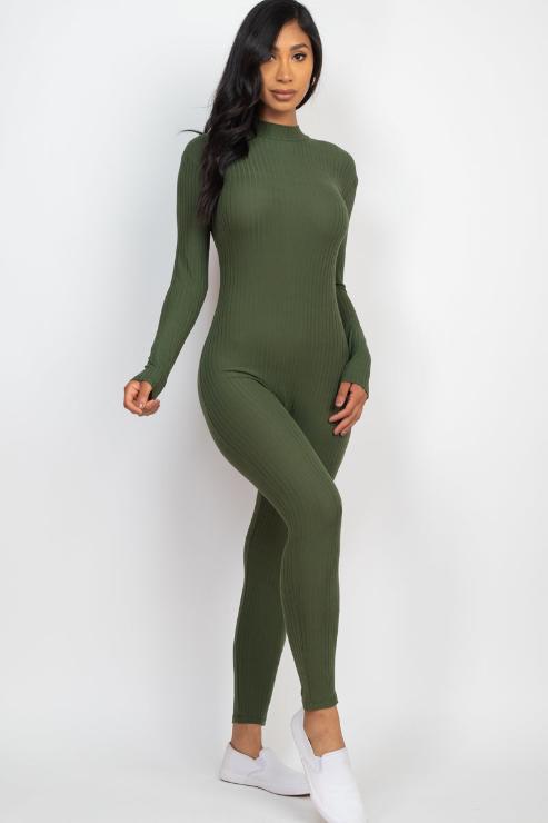 Ribbed Mock Neck Long Sleeve Casual Jumpsuit