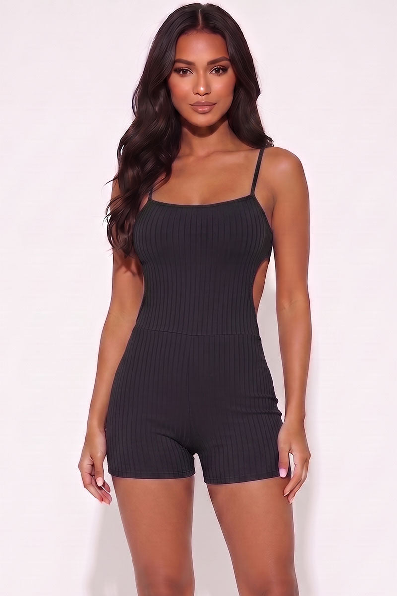 Ribbed Sleeveless Back Cutout Bodycon Romper