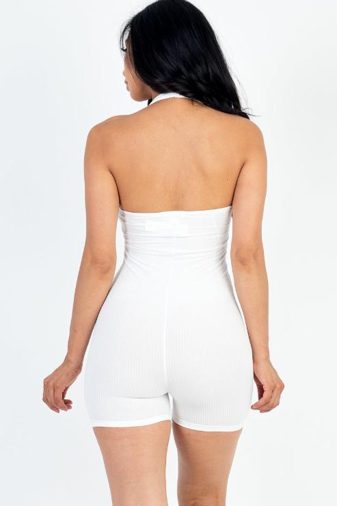 Ribbed Halter Neck Backless Romper