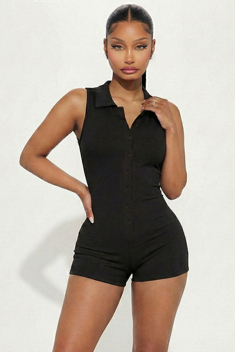 Ribbed Knit Sleeveless Button Front Romper