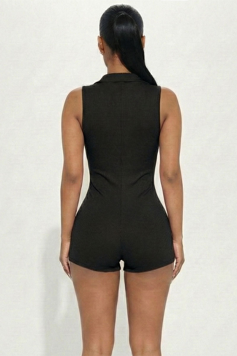 Ribbed Knit Sleeveless Button Front Romper