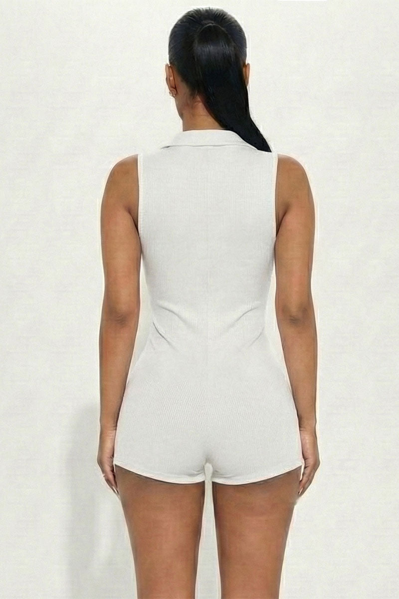 Ribbed Knit Sleeveless Button Front Romper
