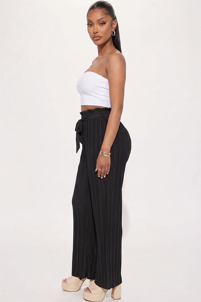 Pleated Stretch Crepe Pull-On Wide Leg Tie Front Pants