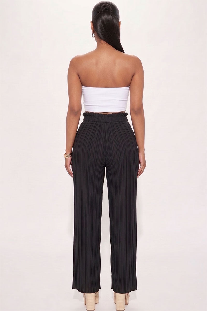 Pleated Stretch Crepe Pull-On Wide Leg Tie Front Pants