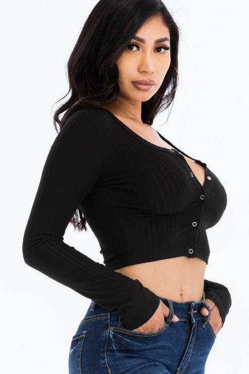 Ribbed Long Sleeve Snap Button Down Crop Top