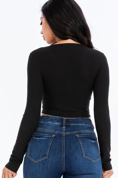 Ribbed Long Sleeve Snap Button Down Crop Top