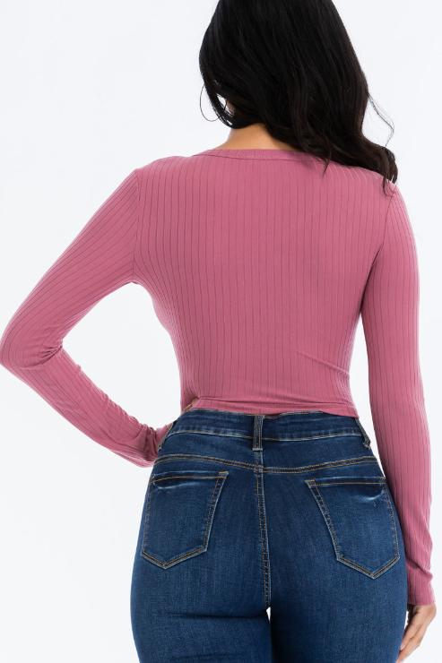 Ribbed Long Sleeve Snap Button Down Crop Top