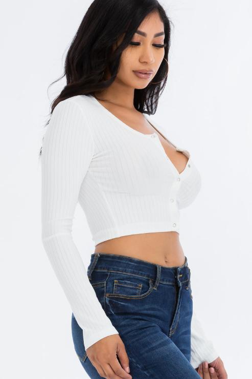 Ribbed Long Sleeve Snap Button Down Crop Top