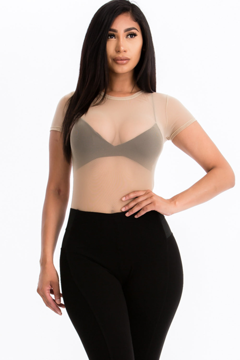Mesh Sheer Solid Short Sleeve Bodysuit
