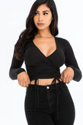 Ribbed Drawstring Long Sleeve Crop Top