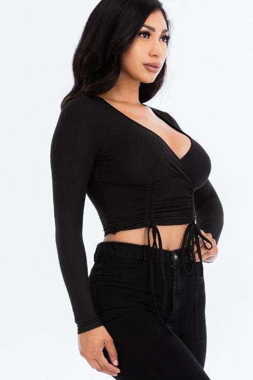 Ribbed Drawstring Long Sleeve Crop Top
