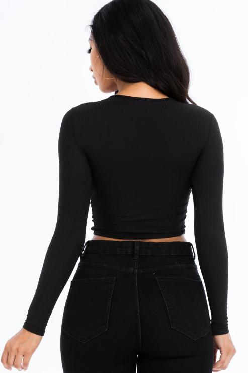 Ribbed Drawstring Long Sleeve Crop Top