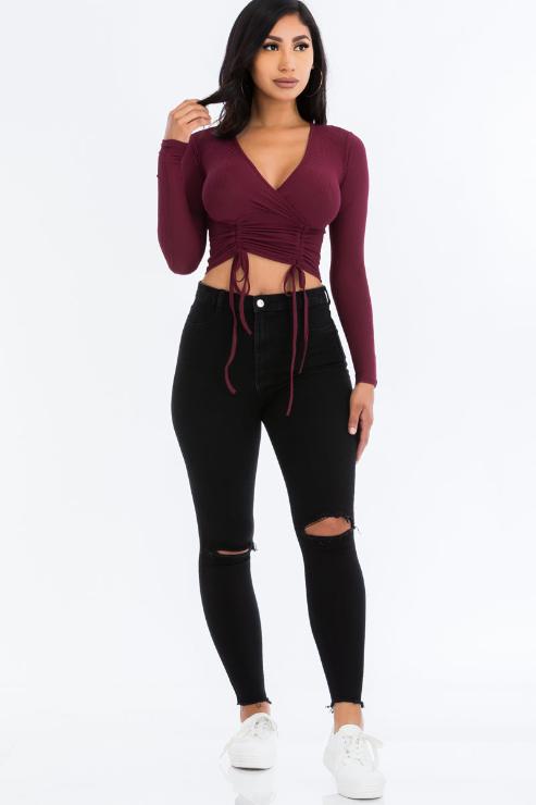 Ribbed Drawstring Long Sleeve Crop Top