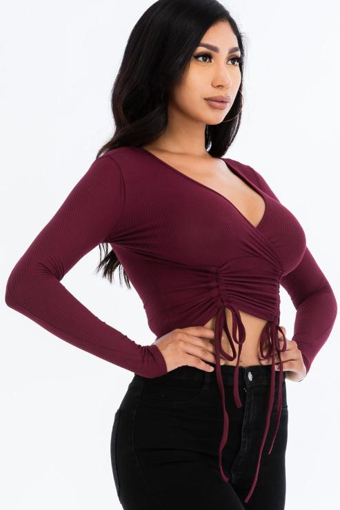 Ribbed Drawstring Long Sleeve Crop Top