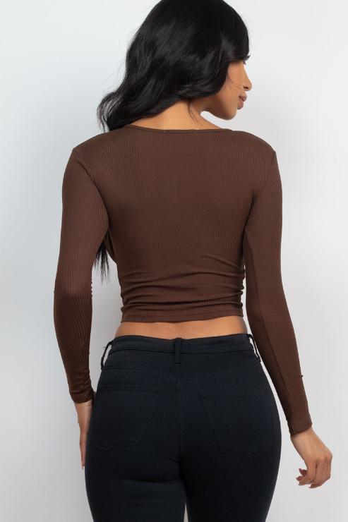 Ribbed Drawstring Long Sleeve Crop Top