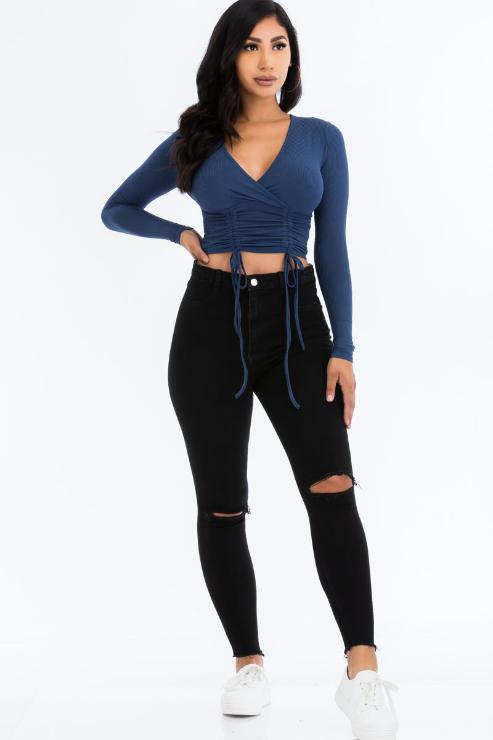 Ribbed Drawstring Long Sleeve Crop Top