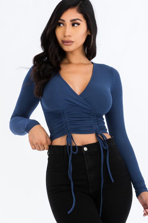 Ribbed Drawstring Long Sleeve Crop Top