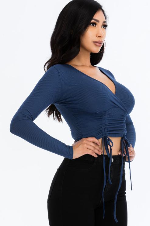 Ribbed Drawstring Long Sleeve Crop Top