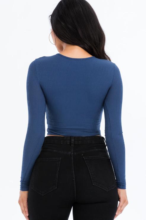 Ribbed Drawstring Long Sleeve Crop Top