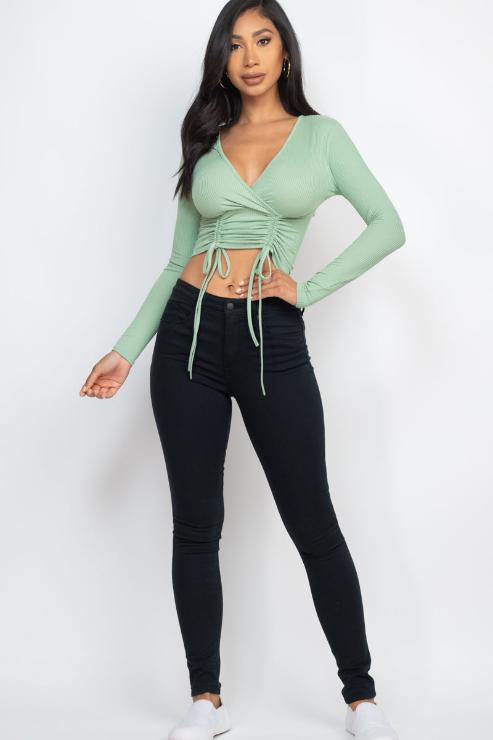Ribbed Drawstring Long Sleeve Crop Top
