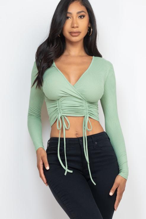 Ribbed Drawstring Long Sleeve Crop Top