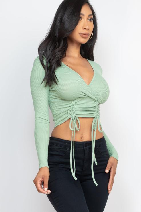 Ribbed Drawstring Long Sleeve Crop Top
