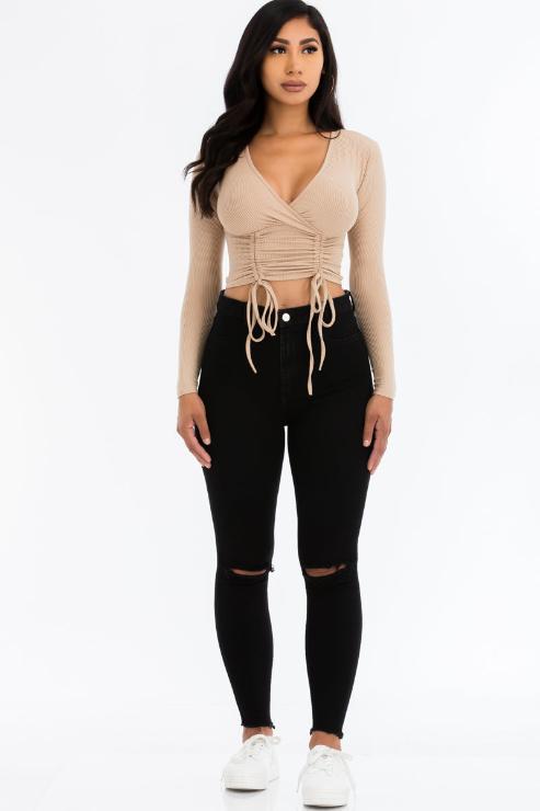 Ribbed Drawstring Long Sleeve Crop Top