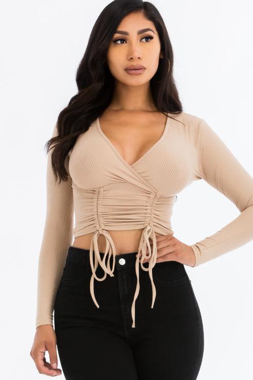 Ribbed Drawstring Long Sleeve Crop Top
