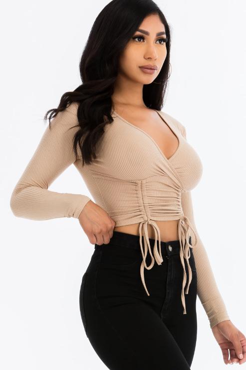 Ribbed Drawstring Long Sleeve Crop Top