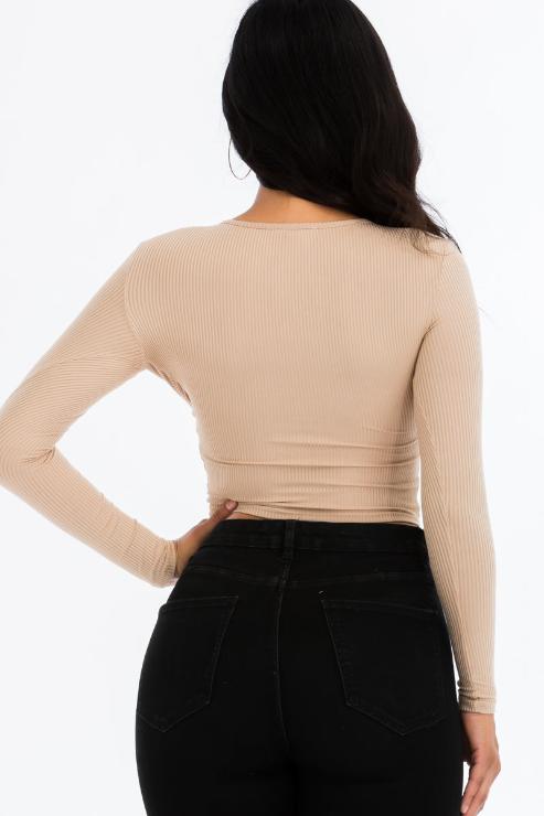 Ribbed Drawstring Long Sleeve Crop Top