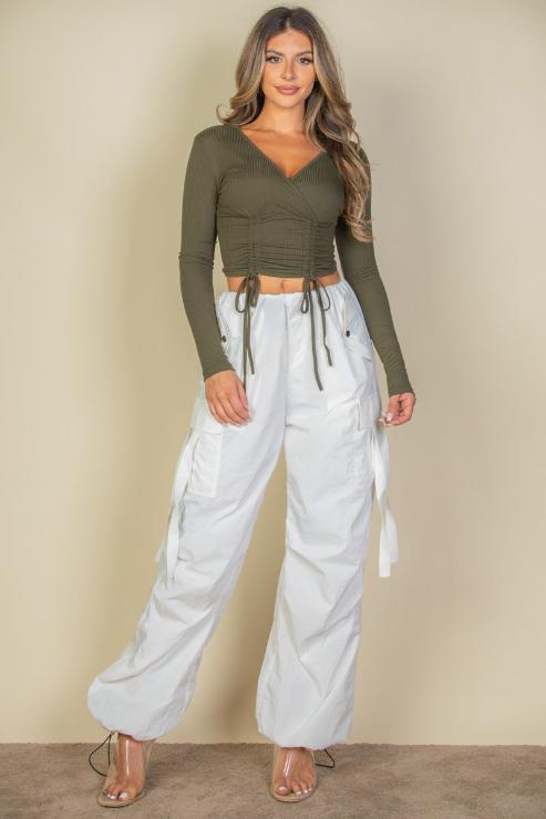 Ribbed Drawstring Long Sleeve Crop Top