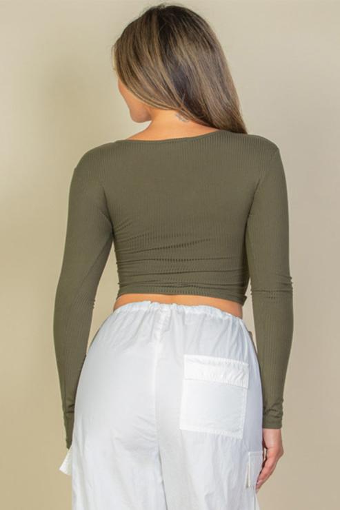Ribbed Drawstring Long Sleeve Crop Top