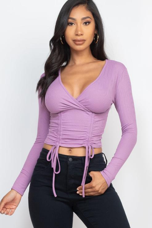 Ribbed Drawstring Long Sleeve Crop Top