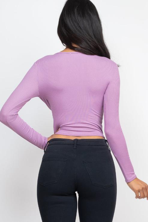 Ribbed Drawstring Long Sleeve Crop Top